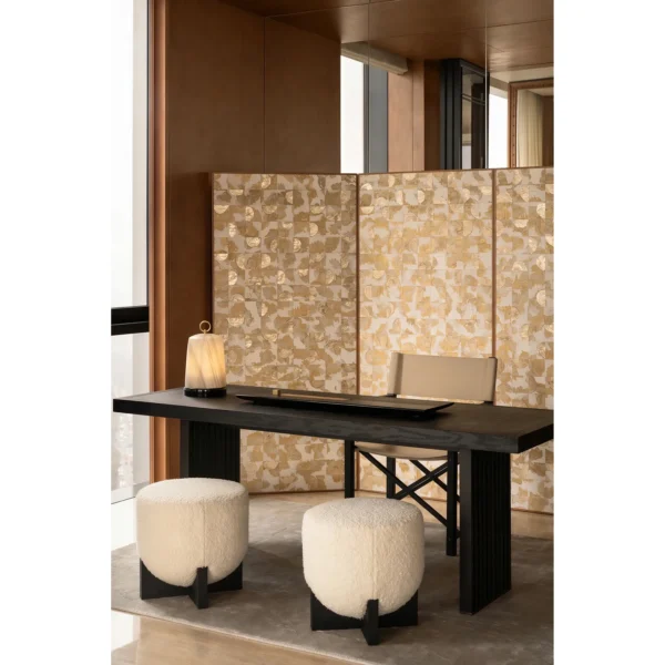 Mother-of-Pearl and Gold Leaf Tea Room Screen in brushed brass — in a room setting