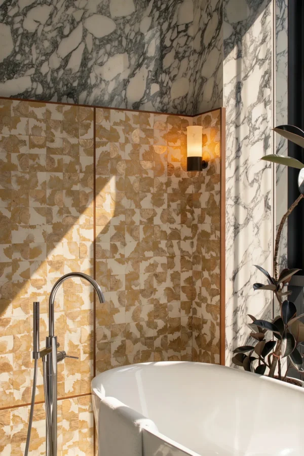 Mother-of-Pearl and Gold Leaf Tea Room Screen in brushed brass — in a room setting