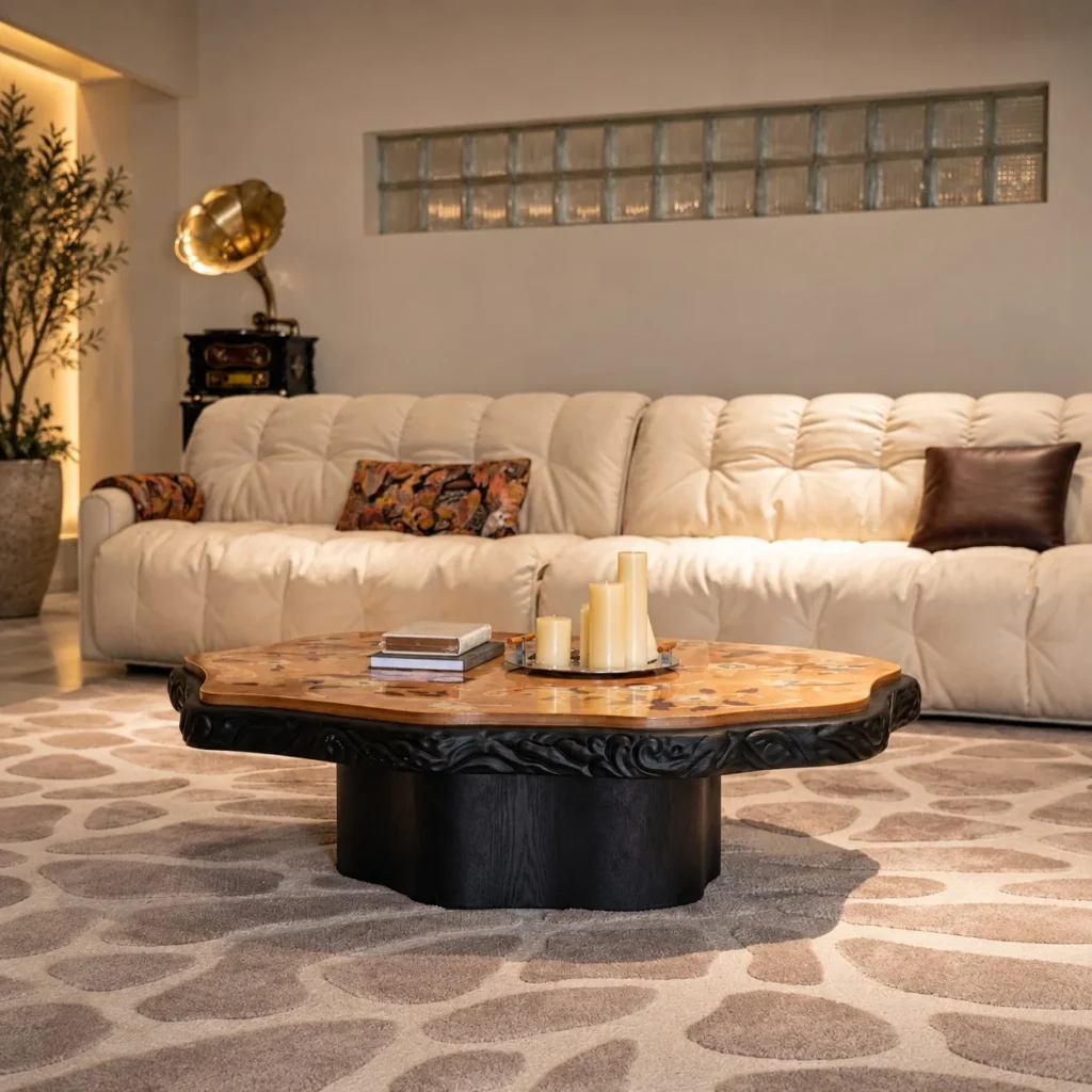 Mother of Pearl Flower Inlay Burl Coffee Table, 130 cm in clay — front view