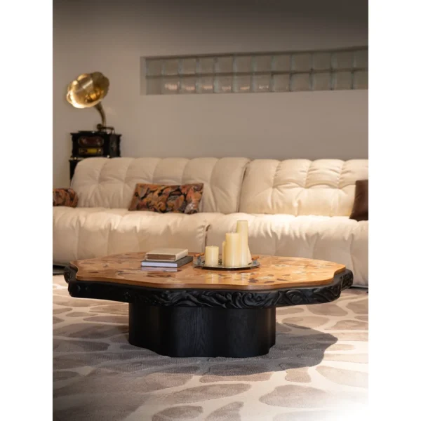 Mother of Pearl Flower Inlay Burl Coffee Table, 130 cm in clay — in a room setting