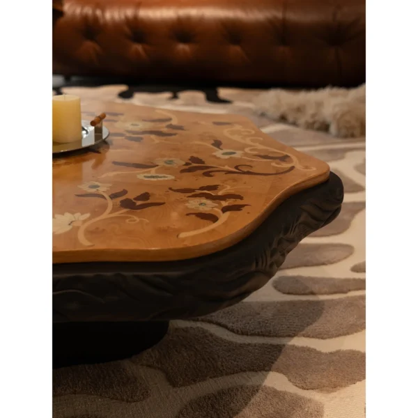 Mother of Pearl Flower Inlay Burl Coffee Table, 130 cm in clay — in a room setting