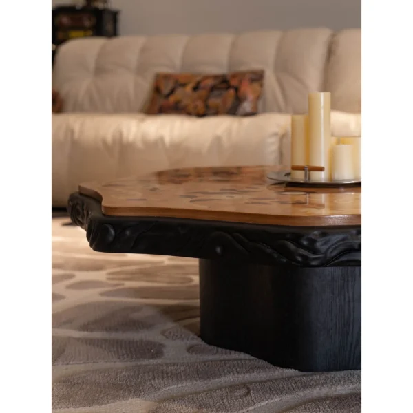 Mother of Pearl Flower Inlay Burl Coffee Table, 130 cm in clay — in a room setting