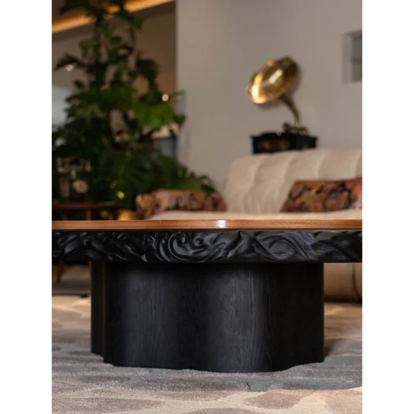 Mother of Pearl Flower Inlay Burl Coffee Table, 130 cm in clay — in a room setting
