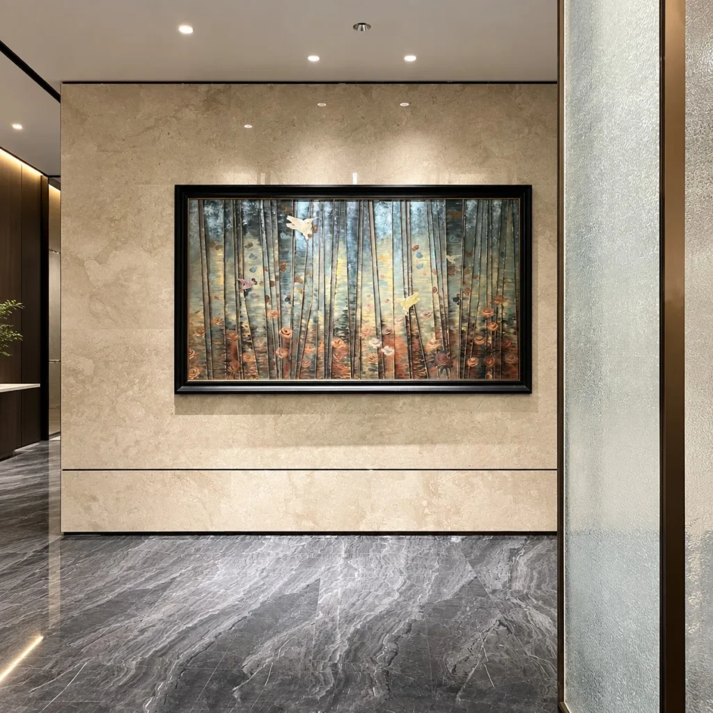 Mother of Pearl Forest Wall Art in Wide Black Frame — front view