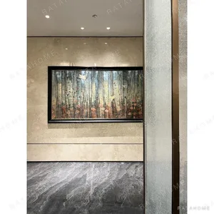Mother of Pearl Forest Wall Art in Wide Black Frame — in a room setting
