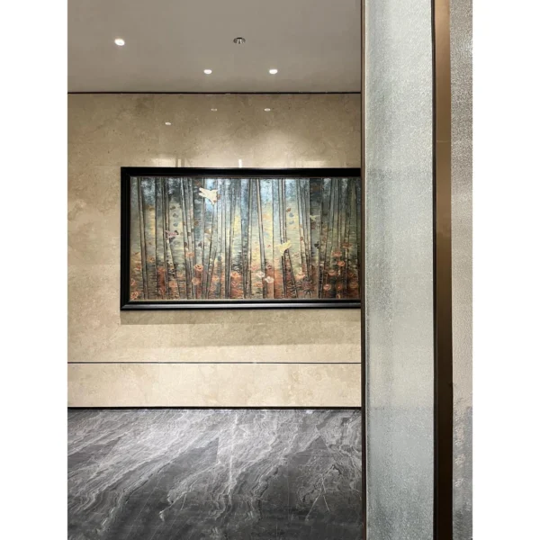 Mother of Pearl Forest Wall Art in Wide Black Frame — in a room setting