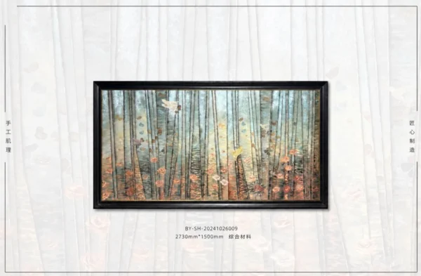 Mother of Pearl Forest Wall Art in Wide Black Frame — in a room setting