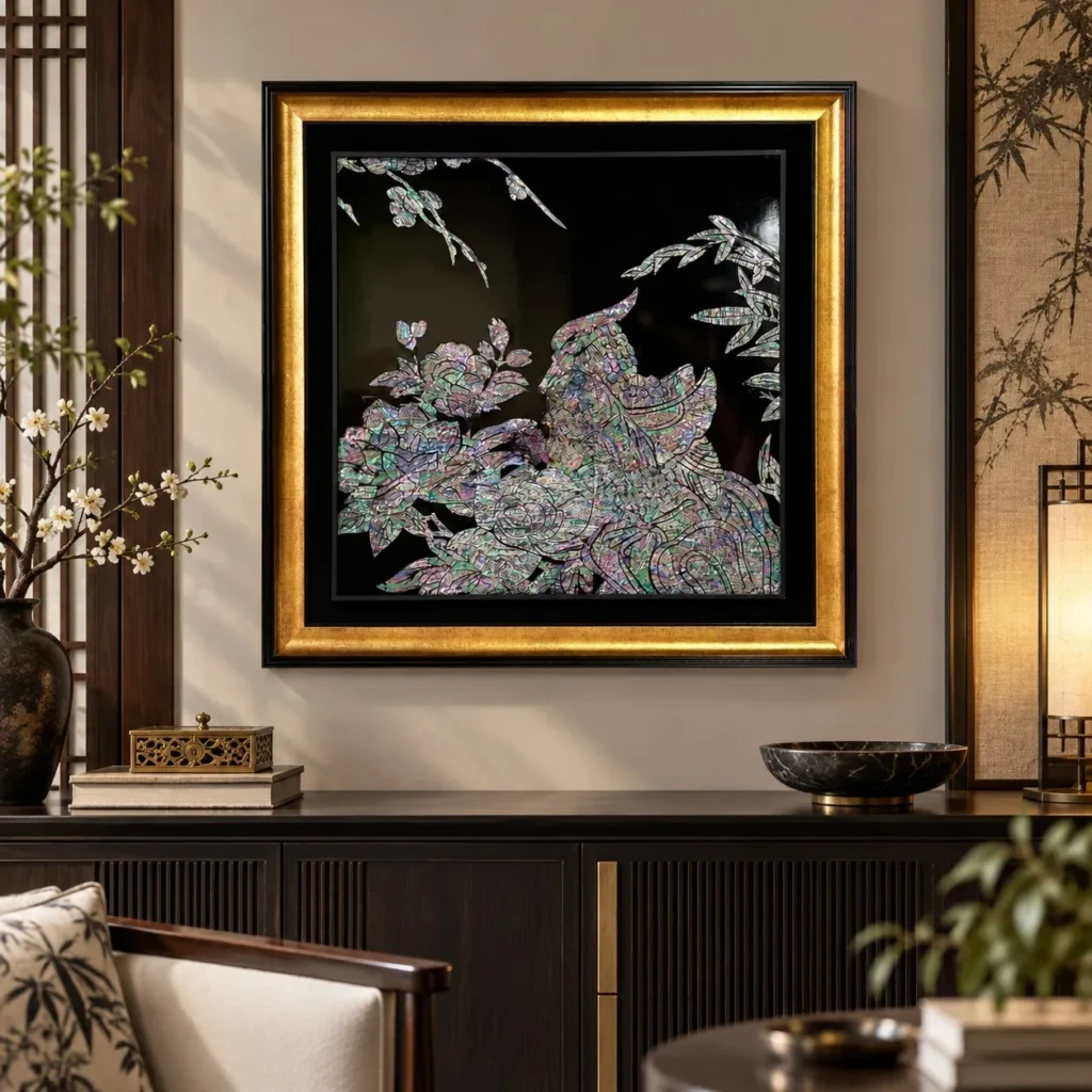 Mother of Pearl Peony Wall Art in black — front view