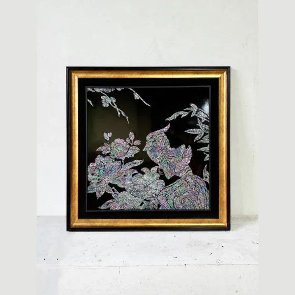 Mother of Pearl Peony Wall Art in black — in a room setting