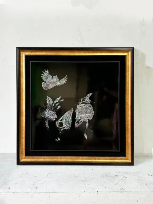 Mother of Pearl Peony Wall Art in black — in a room setting