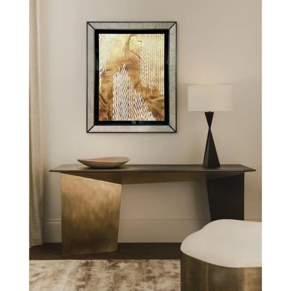 Mother of Pearl Wave Wall Art in Black and Gold Frame — in a room setting
