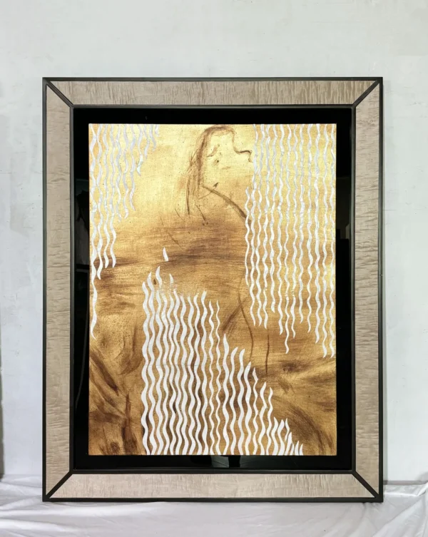 Mother of Pearl Wave Wall Art in Black and Gold Frame — in a room setting