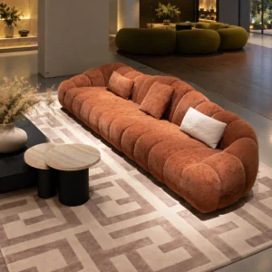 Mountain Isle Curved Sofa in Rust Jacquard Chenille, 350 cm — front view