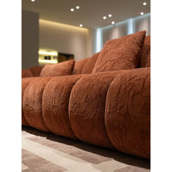 Mountain Isle Curved Sofa in Rust Jacquard Chenille, 350 cm — in a room setting