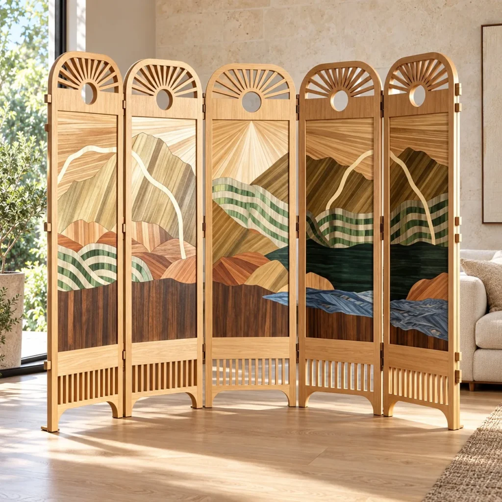 Mountain Landscape Marquetry Five-Panel Screen in natural oak — front view