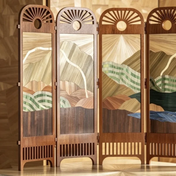 Mountain Landscape Marquetry Five-Panel Screen in natural oak — in a room setting