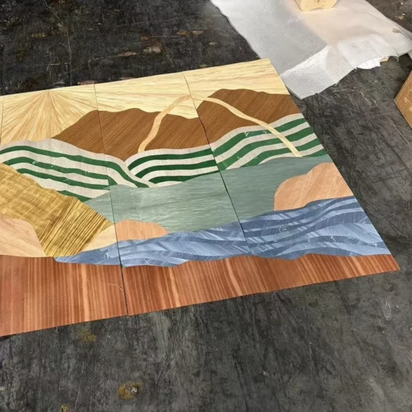 Mountain Landscape Marquetry Five-Panel Screen in natural oak — in a room setting