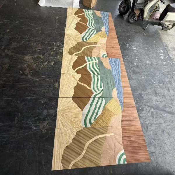 Mountain Landscape Marquetry Five-Panel Screen in natural oak — in a room setting