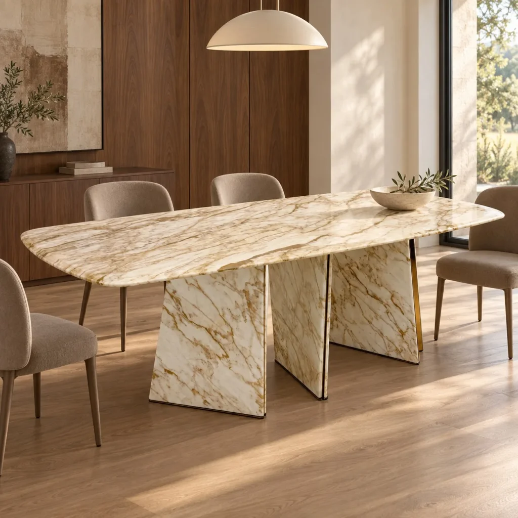 Gold-Veined White Stone Dining Table in ivory — front view