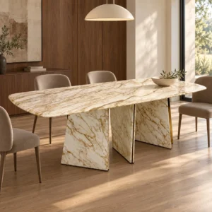 Gold-Veined White Stone Dining Table in ivory — front view