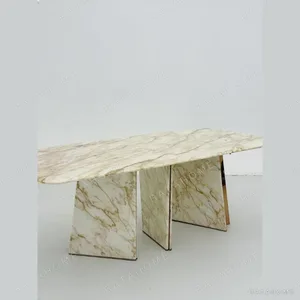 Gold-Veined White Stone Dining Table in ivory — in a room setting