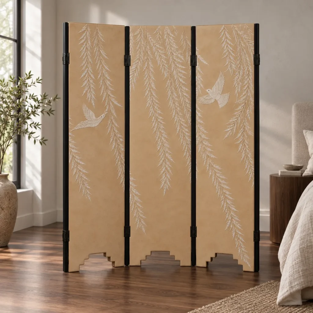 Willow and Bird Four-Panel Screen with Stepped Base in sand — front view