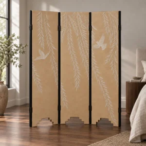 Willow and Bird Four-Panel Screen with Stepped Base in sand — front view