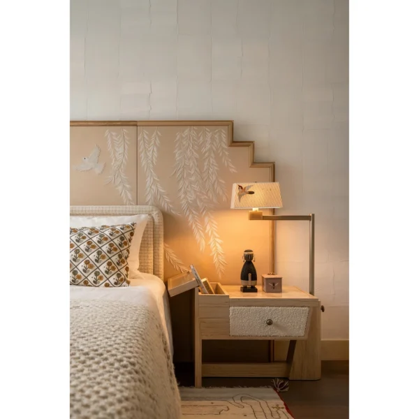 Willow and Bird Four-Panel Screen with Stepped Base in sand — in a room setting