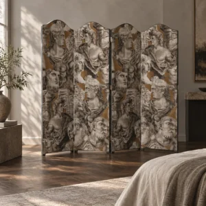 Classical Sculpture Print Four-Panel Movable Screen in slate — front view