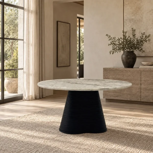 Movement Round Marble Table on Wave-Layered Black Base in ivory — in a room setting
