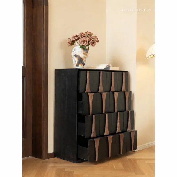 Moying Black Chest with Carved Diamond Panels in black — in a room setting