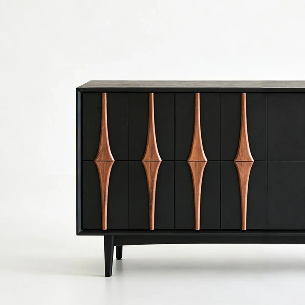 Moying Black Sideboard with Sculpted Walnut Spindle Pulls in black — front view