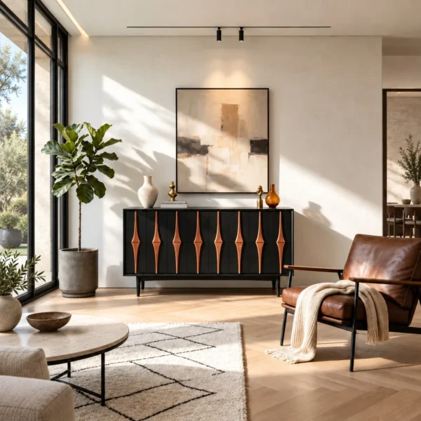 Moying Black Sideboard with Sculpted Walnut Spindle Pulls in black — in a room setting