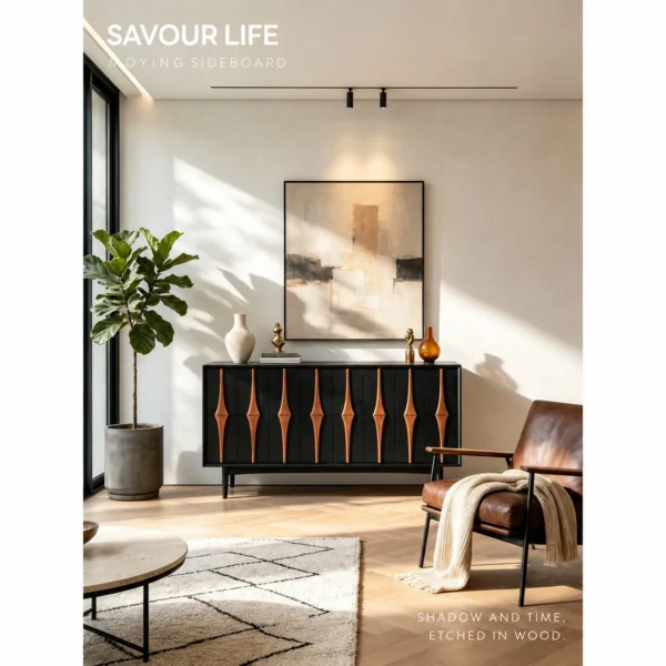 Moying Black Sideboard with Sculpted Walnut Spindle Pulls in black — in a room setting