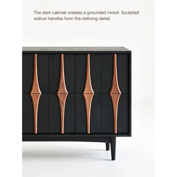 Moying Black Sideboard with Sculpted Walnut Spindle Pulls in black — in a room setting