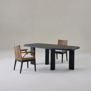 Moyu Black Dining Table with Cane Armchairs in black — front view