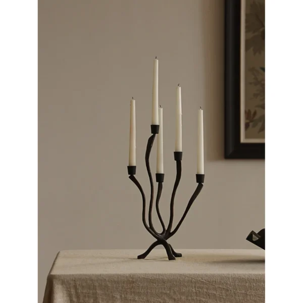 Five-Arm Vine Iron Candelabra in Matte Black — in a room setting