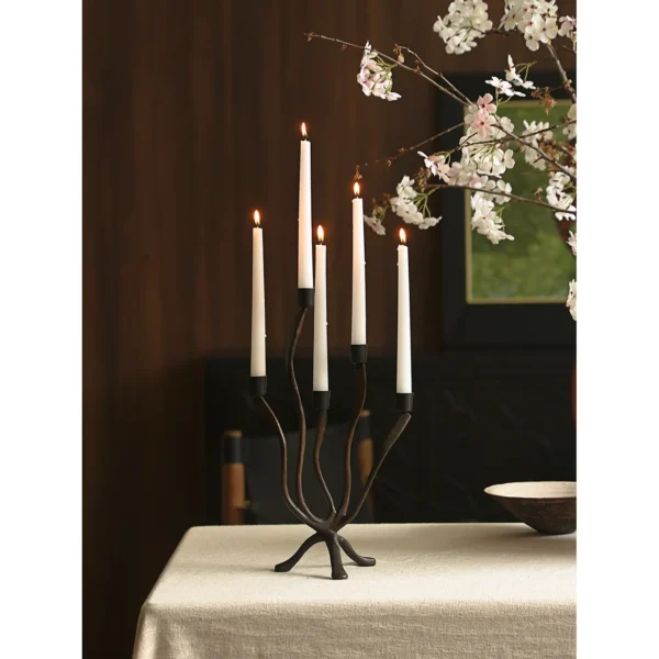 Five-Arm Vine Iron Candelabra in Matte Black — in a room setting
