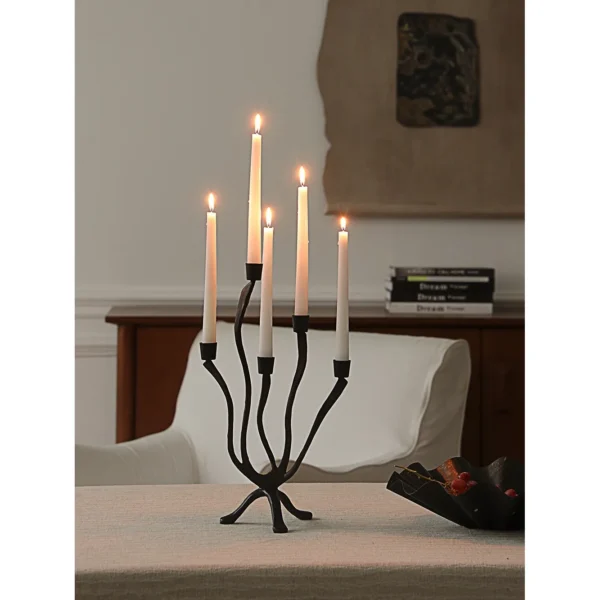 Five-Arm Vine Iron Candelabra in Matte Black — in a room setting