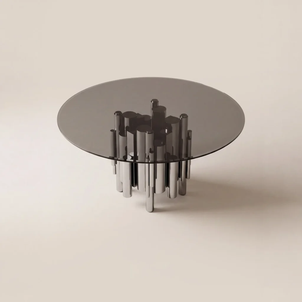 Grey Glass Round Table on Mirror-Steel Column Cluster in slate — front view