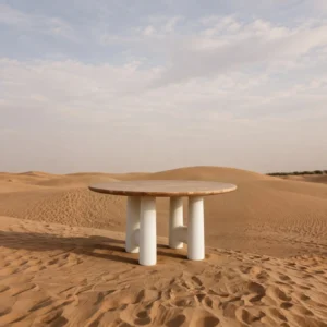 Elephant-Leg Round Dining Table in Wood and Limestone Finish — front view