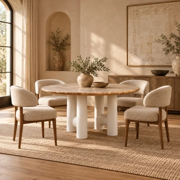 Elephant-Leg Round Dining Table in Wood and Limestone Finish — in a room setting