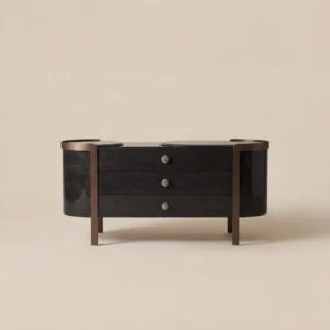 Curved Black Art-Texture Cabinet with Metal Trim and Drawers in black — front view