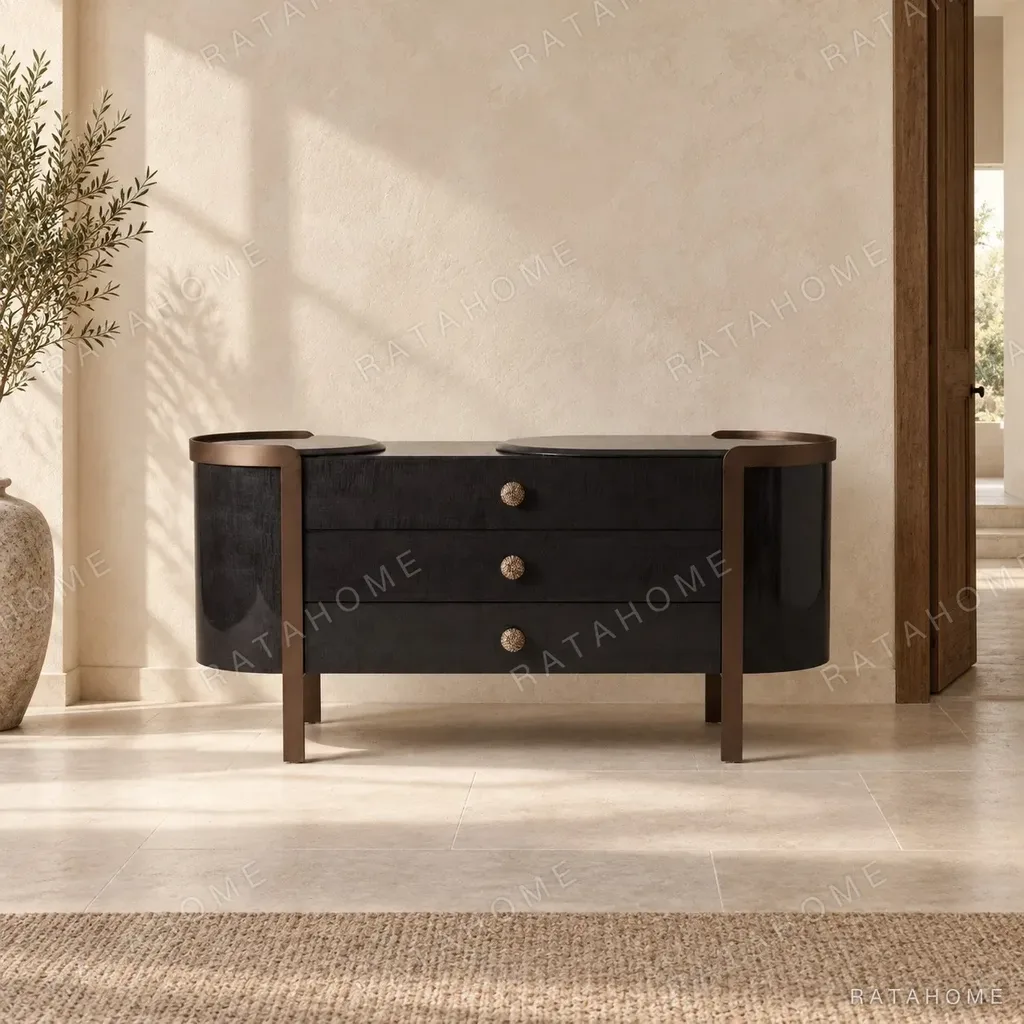 Curved Black Art-Texture Cabinet with Metal Trim and Drawers in black — in a room setting