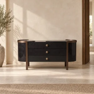 Curved Black Art-Texture Cabinet with Metal Trim and Drawers in black — in a room setting
