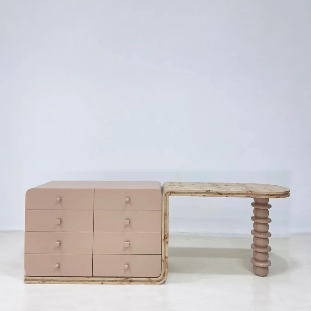 Blush Lacquered Multifunction Chest in rose stone — front view