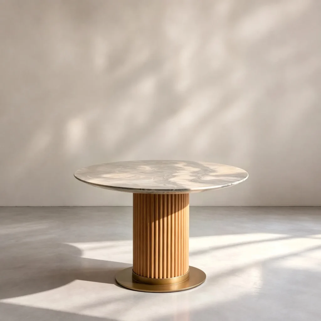 Murcell Blue Quartz Oval Dining Table on Slatted Wood Column in slate — front view