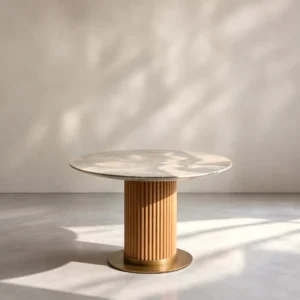 Murcell Blue Quartz Oval Dining Table on Slatted Wood Column in slate — front view