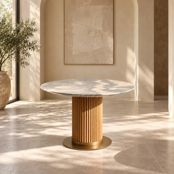 Murcell Blue Quartz Oval Dining Table on Slatted Wood Column in slate — in a room setting