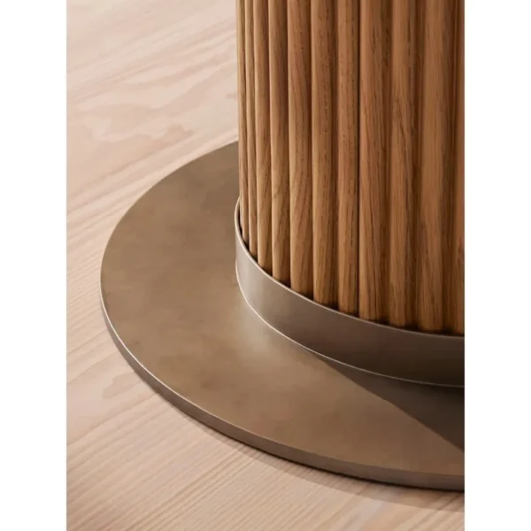 Murcell Blue Quartz Oval Dining Table on Slatted Wood Column in slate — in a room setting